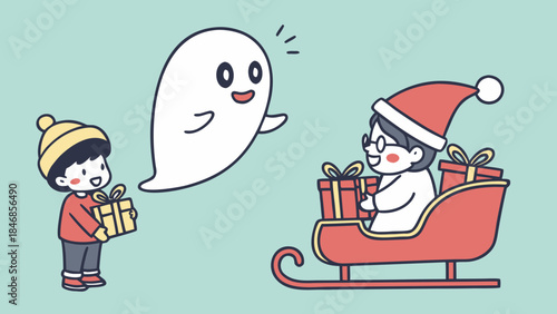 A cheerful ghost floats above a young boy holding a gift, while a person in a Santa hat rides in a sleigh filled with presents.