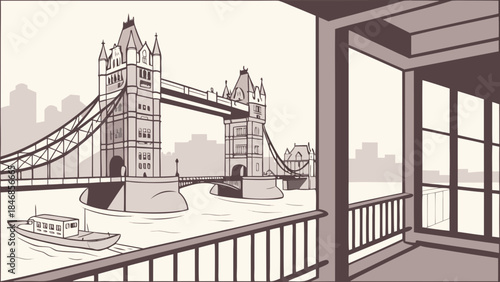 London skyline with tower bridge viewed from riverside apartment window, ideal for travel brochures, websites, and editorial content. Suitable for cityscape backgrounds.
