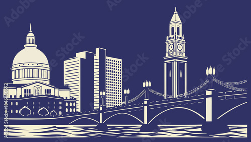 London skyline silhouette gracefully spans bridge and water showcasing the citys iconic silhouette. Suitable for travel brochures, posters, and citythemed designs.