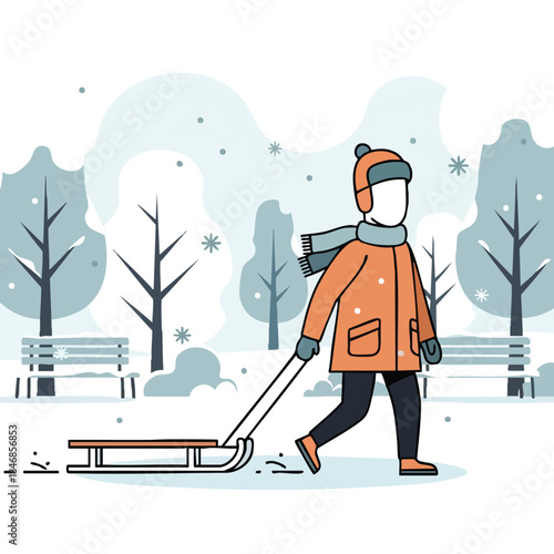 A person pulling a sled through a snowy winter park an illustration for winter activities
