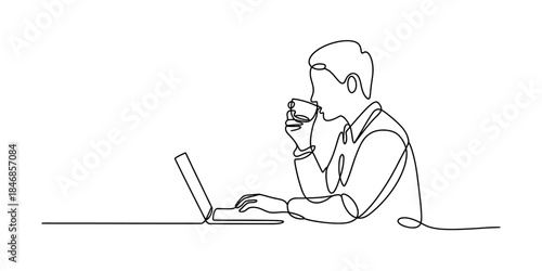 A continuous line drawing of a person working on a laptop while drinking coffee Vector, illustration