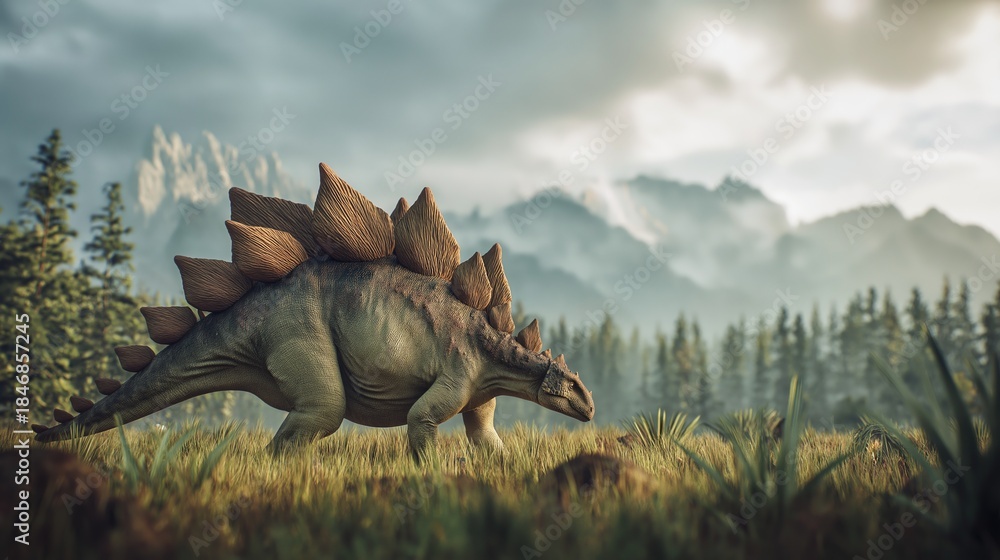 Fototapeta premium Stegosaurus in Misty Mountain Forest Landscape