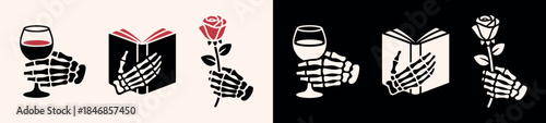 Skeleton hand holding a book rose flower wine glass drink dark romance lovers gothic drawing. Goth valentines day romantic reader retro vintage black and red aesthetic illustrations bundle pack.