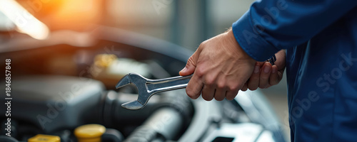 Close-up shot of auto mechanic holding wrench, working on car engine. Pro repairman fixing vehicle in garage. Skilled worker uses tool for car maintenance.
