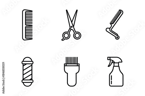 Collection of black and white line icons representing essential barber and hairdressing tools