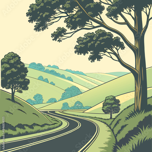 Winding country road through rolling green hills and trees under a pale sky, stylized illustration of a scenic landscape