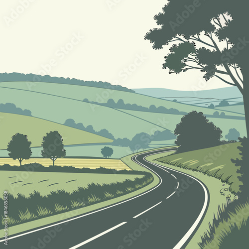 Winding country road through rolling green hills and fields under a pale sky, stylized illustration of a rural landscape and journey