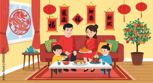 Happy Chinese New Year Family Celebration Illustration