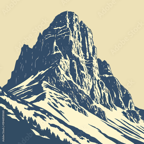 Majestic mountain peak in dramatic blue and cream style, evoking adventure and wilderness exploration