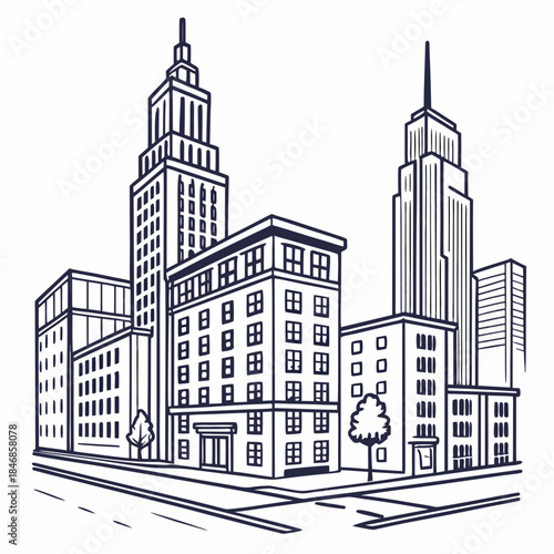 Cityscape sketch of tall buildings and skyscrapers in a downtown area, architectural line art drawing of urban skyline