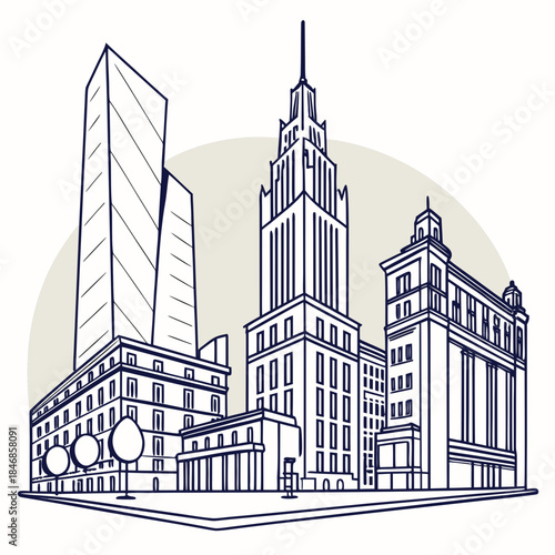 Line art illustration of a modern city skyline featuring skyscrapers and historical architecture, stylized urban landscape drawing