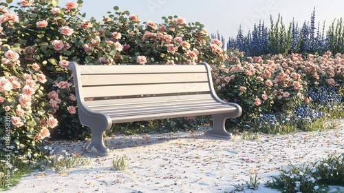 first day of spring concept. A serene park bench surrounded by vibrant flowers and a peaceful pathway creates a tranquil outdoor atmosphere.