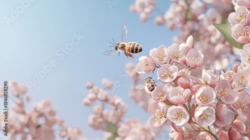 first day of spring concept. Bees pollinating delicate pink flowers against a clear blue sky, showcasing nature's beauty and the importance of pollinators.