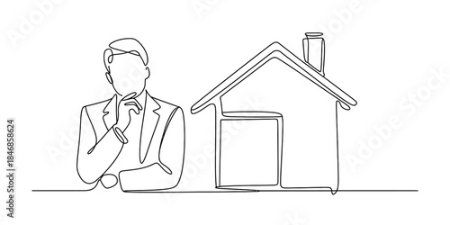 Single line art illustration of a person contemplating a house purchase or real estate investment Vector, illustration