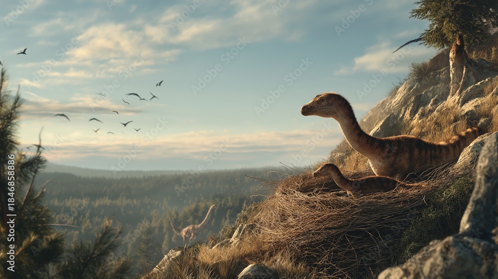 Fototapeta premium Coelophysis Pair Nesting on Rocky Cliff