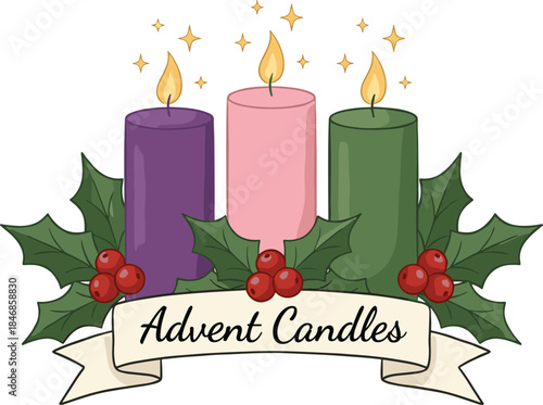 Beautiful Advent candles illustration featuring purple pink and green candles with glowing flames holly leaves red berries and festive Christian holiday decoration elements