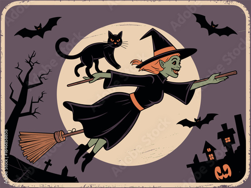 Vintage Retro Style Witch Flying with Black Cat on Halloween Night Vector