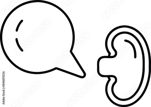 hear thin line, voice message icon, speech bubble and ear, active listening line art vector illustration