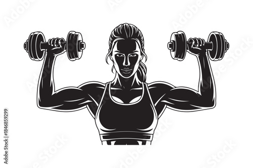 A strong woman exercising with dumbbells in a striking black and white vector illustration.