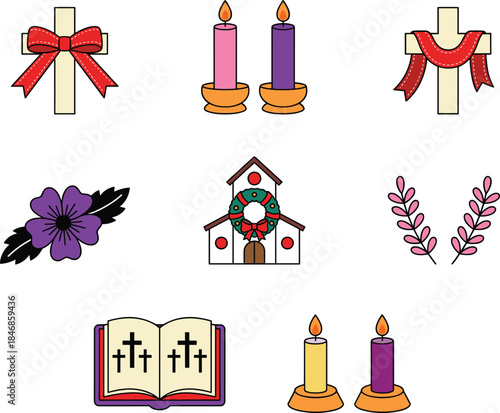 Collection of Christian holiday icons featuring crosses, candles, church wreath, floral elements and decorative symbols for festive religious celebration vector design