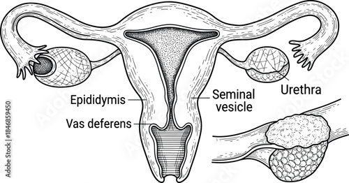 Human Reproductive System Anatomy Illustration with Labeled Organs in Black and White Line Art
