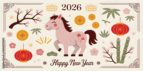 loral elements and horse, flat vector style, soft neutral and pastel tones, festive asian holiday illustration.