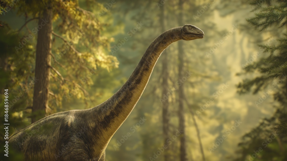 Fototapeta premium Sunlit Brachiosaurus in Misty Ancient Forest