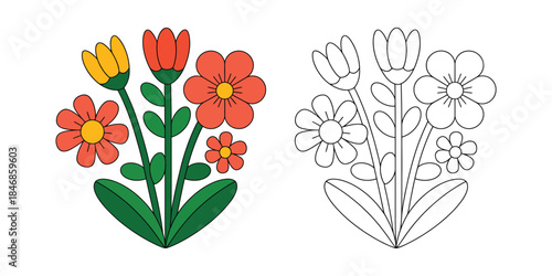 Retro flower bouquet coloring page Vector illustration