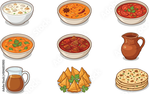 Delicious Indian and Pakistani traditional food illustration set featuring curries, samosas, parathas, gravies, and drinks in colorful bowls for culinary design