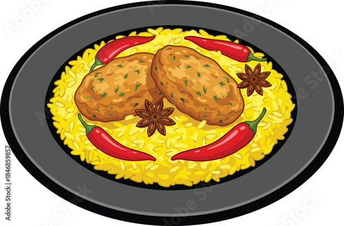 Delicious spicy rice illustration featuring golden saffron pilaf with meat patties, red chili peppers and star anise in colorful detailed food vector artwork