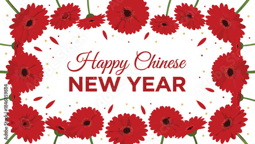 Elegant Chinese New Year floral illustration with vibrant red gerbera daisies, festive petals, decorative frame border, and celebratory holiday greeting design artwork