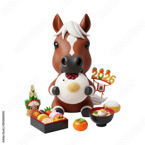 Cute 3d cartoon horse character celebrating japanese new year with traditional osechi food and 2026 sign on transparent background