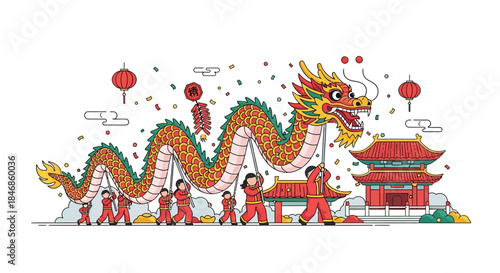 Celebratory Chinese Dragon Dance Parade with Traditional Temple Illustration