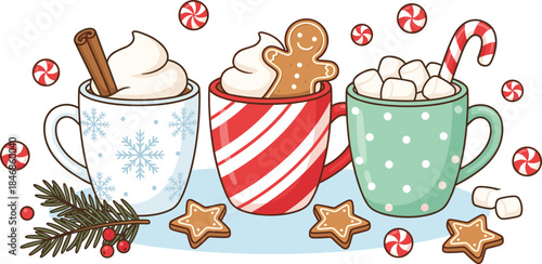 Festive Christmas hot cocoa mugs with whipped cream, gingerbread cookies, marshmallows, candy canes, and holiday decorations in a cute cozy winter illustration