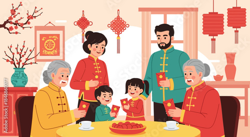 Festive Lunar New Year Gathering A Family Celebration with Red Envelopes and Traditional Decor