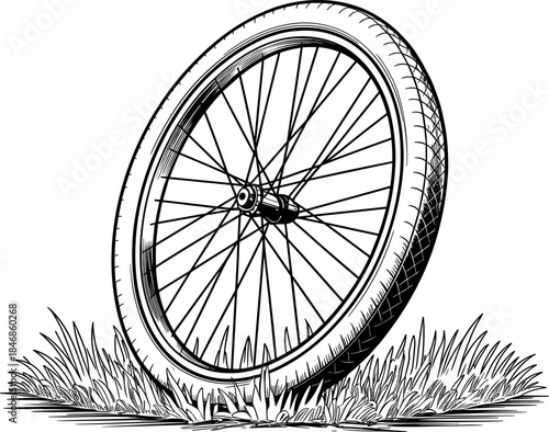 Vintage Engraving Bicycle Wheel Standing in Grass Vector