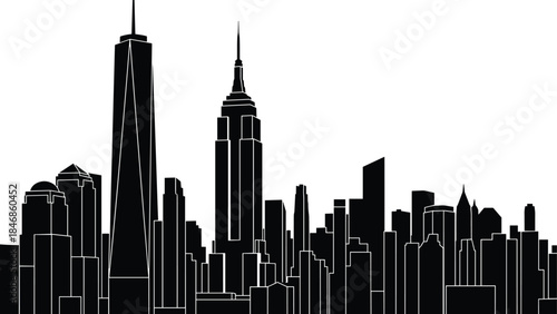 Modern New York City skyline silhouette vector illustration featuring iconic skyscrapers urban architecture panorama for branding posters websites prints backgrounds