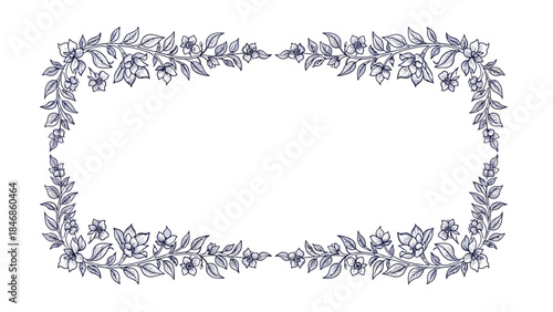 Blue Willow Folk Floral Border Wedding Frame Vector