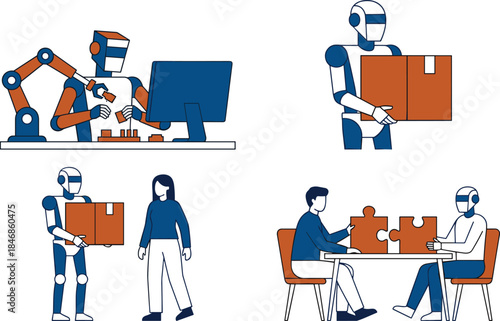 Modern illustration showing robots and humans collaborating in manufacturing, logistics, teamwork, problem-solving, and automation processes for advanced technology and workplace innovation concepts