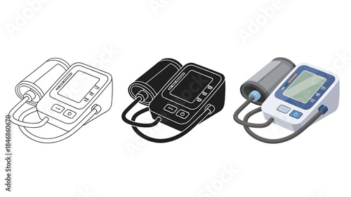 Blood Pressure Monitor Vector Set for Medical and Healthcare Use in Line, Silhouette and Color Style
