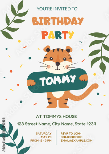 A children's birthday invitation featuring a little tiger, leaves, and confetti. Vector illustration on a light background with colored text.
