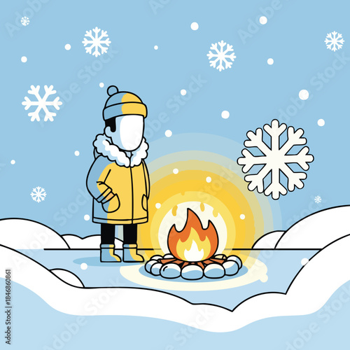 A person staying warm by a bonfire in a snowy winter landscape with falling snowflakes an illustrative portrayal