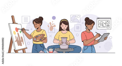 Creative Women Pursuing Artistic Hobbies and Passions in Art Studio