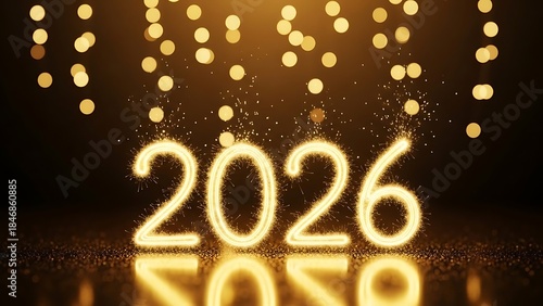Happy New Year 2026 in sparkler font and firework. happy new year, new year's eve, silvester, new year, sparklers celebration greeting card, new year card.