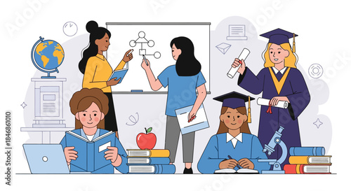 Academic Pursuits Students Learning with Globe, Apple, Books, Laptop and Microscope