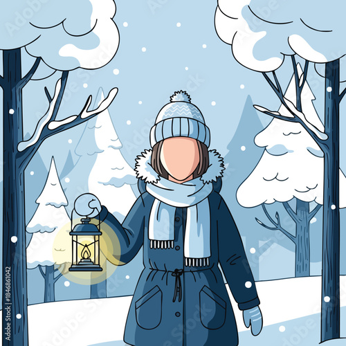 Winter wanderer with a glowing lantern in a snowy forest scene an illustrative graphic element
