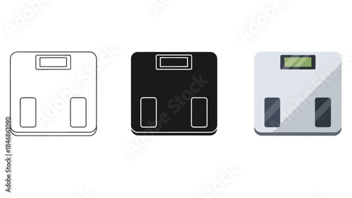 Digital Weighing Scale Vector Set in Three Styles – Outline, Silhouette and Color Bathroom Device