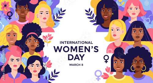 Celebrating International Women's Day Diverse Group of Women Standing Together with Flower Design