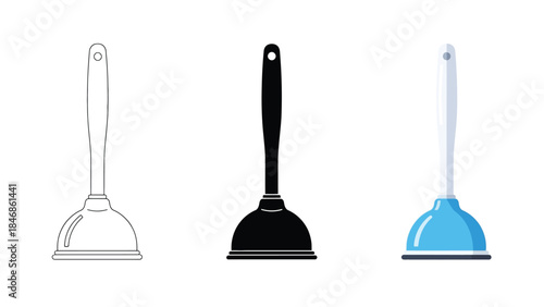Toilet Plunger Vector Set in Three Styles – Outline, Silhouette and Color Bathroom Tool