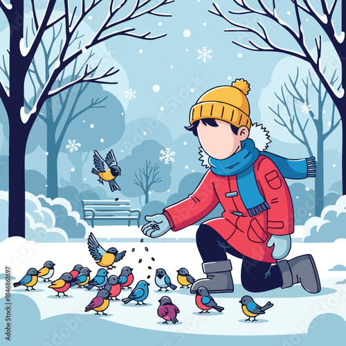A child in warm winter clothing generously feeds a flock of small birds gathered around them on a snowy park bench background